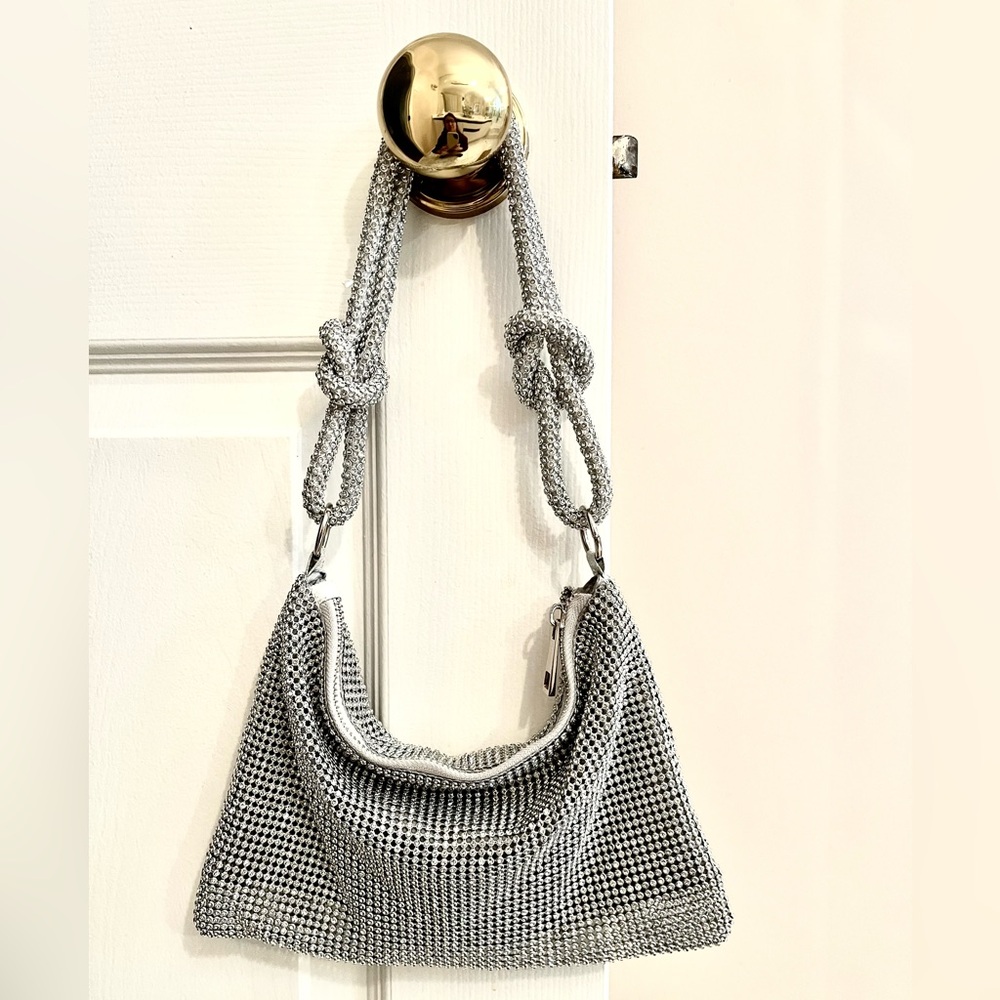 Silver Rhinestone Mesh Shoulder Bag – Sparkly Evening Purse / Party Clutch